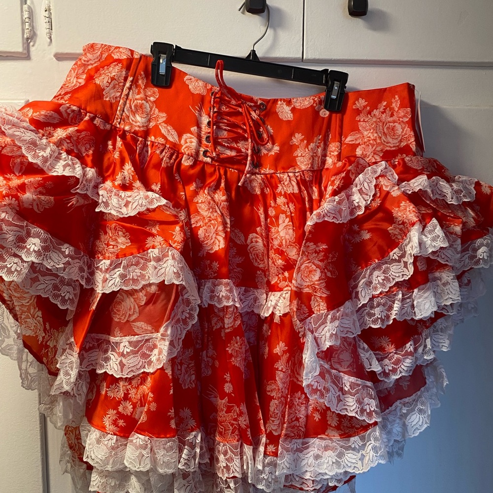 ❤️very Dior! Selkie Secret Admirer Silk Red Asymmetrical Skirt with White Lace - Picture 8 of 15